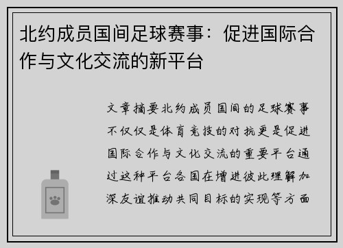 北约成员国间足球赛事：促进国际合作与文化交流的新平台