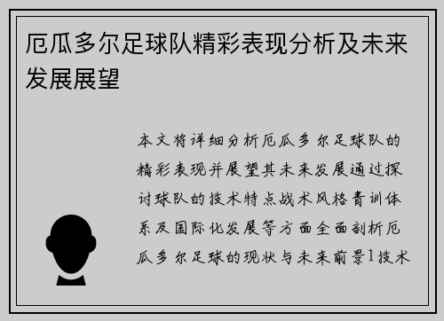 厄瓜多尔足球队精彩表现分析及未来发展展望