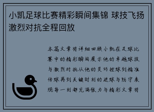 小凯足球比赛精彩瞬间集锦 球技飞扬激烈对抗全程回放