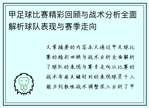 甲足球比赛精彩回顾与战术分析全面解析球队表现与赛季走向