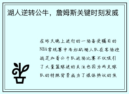 湖人逆转公牛，詹姆斯关键时刻发威