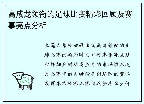 高成龙领衔的足球比赛精彩回顾及赛事亮点分析
