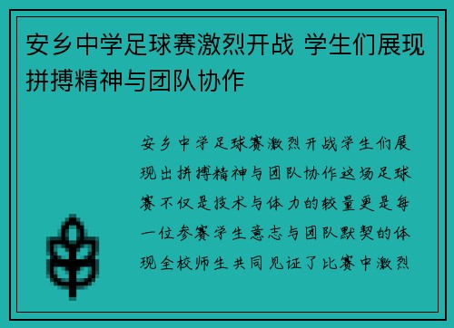 安乡中学足球赛激烈开战 学生们展现拼搏精神与团队协作
