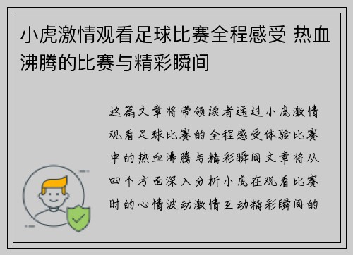 小虎激情观看足球比赛全程感受 热血沸腾的比赛与精彩瞬间