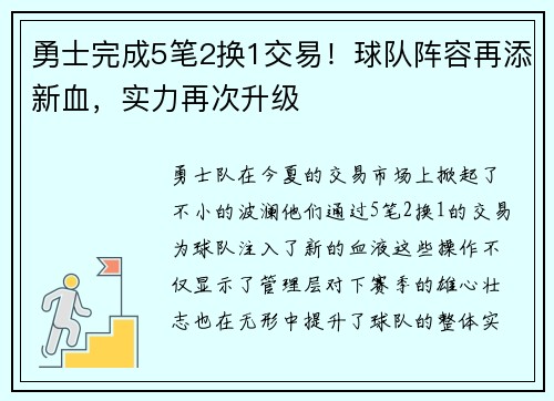 勇士完成5笔2换1交易！球队阵容再添新血，实力再次升级