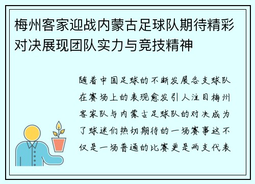 梅州客家迎战内蒙古足球队期待精彩对决展现团队实力与竞技精神