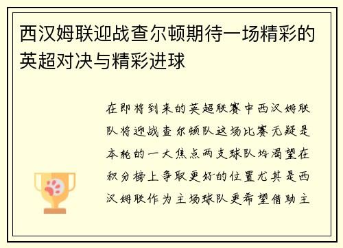 西汉姆联迎战查尔顿期待一场精彩的英超对决与精彩进球