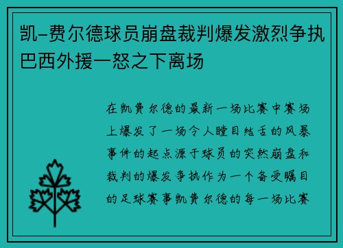 凯-费尔德球员崩盘裁判爆发激烈争执巴西外援一怒之下离场