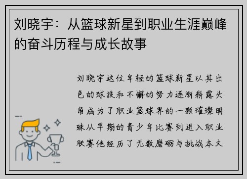 刘晓宇：从篮球新星到职业生涯巅峰的奋斗历程与成长故事
