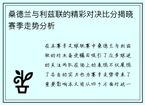 桑德兰与利兹联的精彩对决比分揭晓赛季走势分析