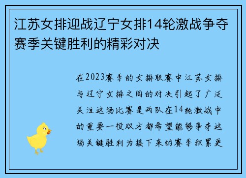 江苏女排迎战辽宁女排14轮激战争夺赛季关键胜利的精彩对决