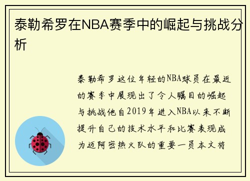 泰勒希罗在NBA赛季中的崛起与挑战分析