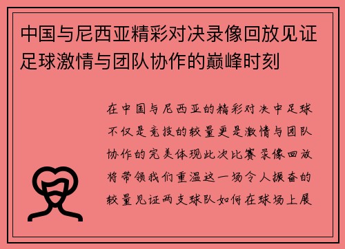 中国与尼西亚精彩对决录像回放见证足球激情与团队协作的巅峰时刻