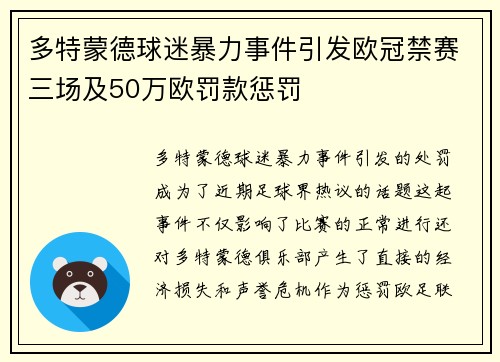 多特蒙德球迷暴力事件引发欧冠禁赛三场及50万欧罚款惩罚