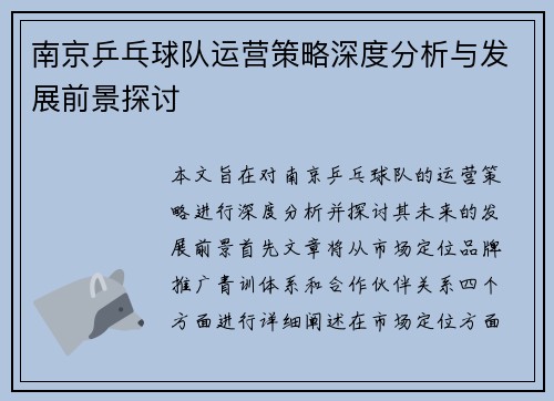 南京乒乓球队运营策略深度分析与发展前景探讨