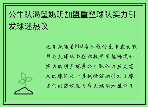 公牛队渴望姚明加盟重塑球队实力引发球迷热议